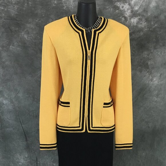 BEAUTIFUL St John collection knit yellow black jacket skirt suit size 8 10 - Picture 3 of 10
